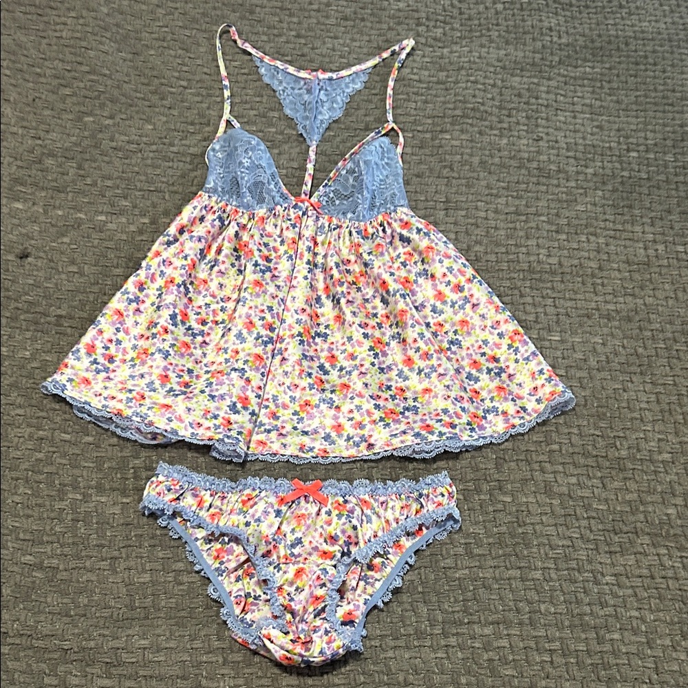 Victoria's Secret Floral Chemise and Panty Set - Blue and Multicolor